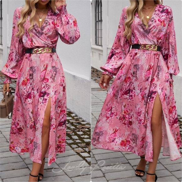 Chic Split Printed Surplice Midi Dress with Long Sleeves - Picture 1 of 9